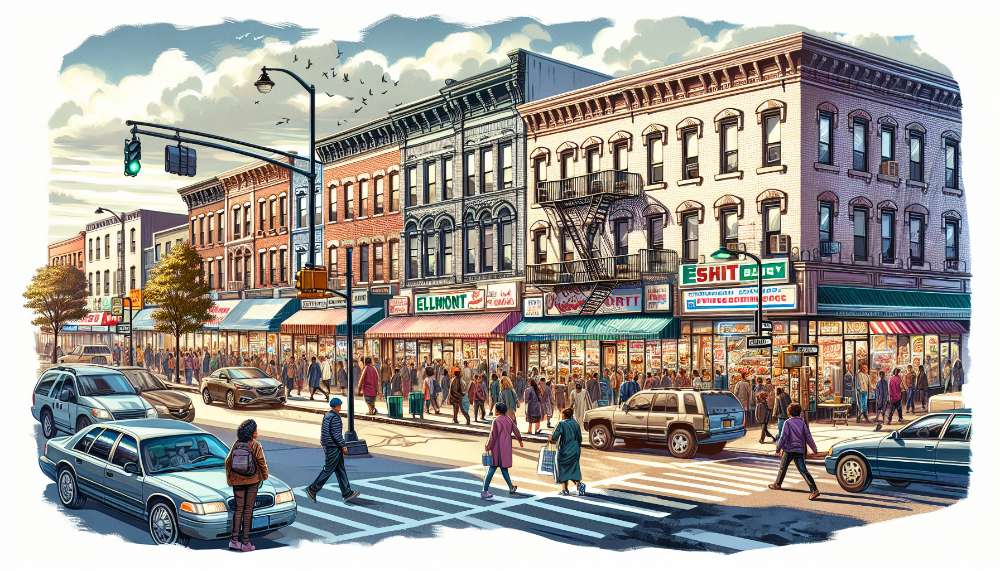 A vibrant street scene in Elmont